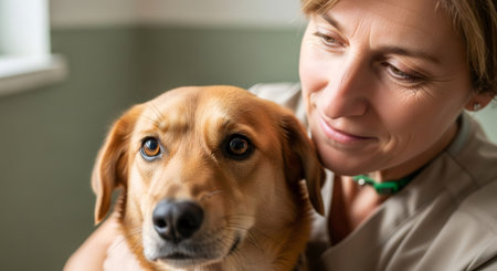 Woman volunteer animal caretaker with warm brown eyes. Caring for animals and pet adoption concept. International volunteer day.の素材