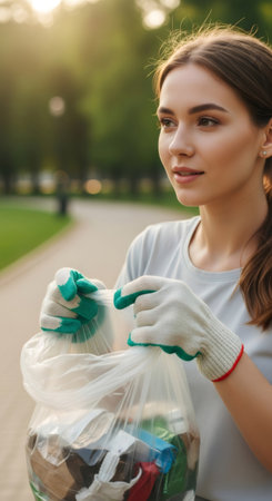 Woman volunteer collecting trash in park for International Volunteer Day. Concept of environmental cleanup, community service, and garbage disposal.の素材