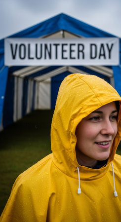 Woman volunteer in yellow raincoat ready to help during International Volunteer Day, showing dedication and community service.の素材