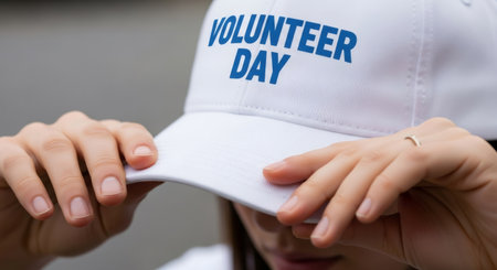 Woman wearing white volunteer day baseball cap. Youth and student community service and social work concept. Charity event participation.の素材