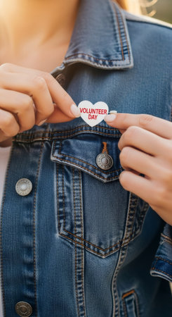 Woman pinning a volunteer day heart badge on her jean jacket. International volunteer day concept for charity and community support.の素材