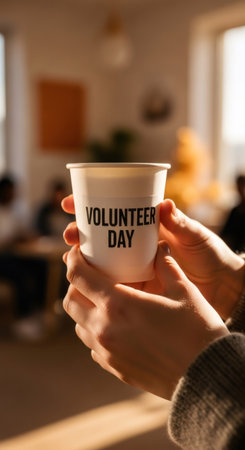 Adult hand holds volunteer day cup, concept of international volunteer day celebration, charity, help, donation, and community serviceの素材