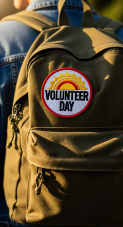 backpack with volunteer day badge embroidered on it for international volunteer day. Volunteerism and charity concept.の素材