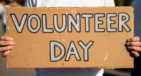 Person holding sign Volunteer Day. Concept of International Volunteer Day and charity event. Cardboard sign for volunteer promotion.の素材