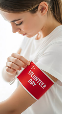 Woman attaching a red volunteer day armband to her arm, symbolizing participation in a community service or charitable event for International Volunteer Day.の素材