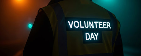 Volunteer wearing reflective vest with glowing text volunteer day. International volunteer day concept, global humanitarian aid, community service.の素材