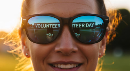 Woman wearing sunglasses with reflection of a Volunteer Day sign, symbolizing active participation and support for volunteerism.の素材