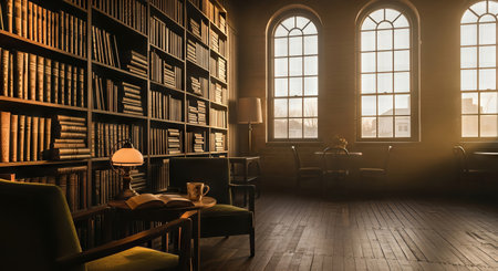 Cozy old library interior with tall bookshelves and sunlight coming through large arched windows, an inviting reading nook for study.の素材
