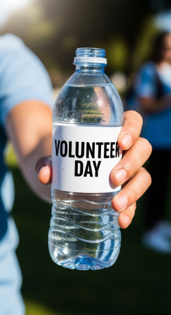 Woman extends a refreshing water bottle labeled Volunteer Day outdoors. Concept of hydration and support for volunteers on International Volunteer Day.の素材