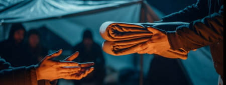 One person hands a warm blanket to another person in need. Concept of compassion, charity, and help for migrant, refugee during International Volunteer Day.の素材