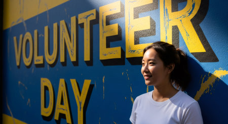 Young asian woman standing beside a blue wall with the words Volunteer Day, symbolizing dedication and community service.の素材