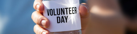 Woman holding bottle with volunteer day label, symbolizing charity and community engagement during International Volunteer Day.の素材