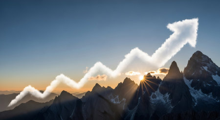 Cloud shaped financial graph on a mountain landscape at sunrise. Business growth chart with rising trend line. Digital stock market data visualization.の素材