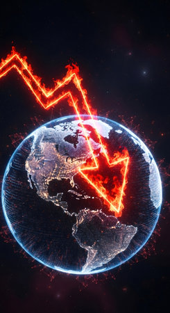 Flaming red arrow pointing down on an earth globe. Global financial crisis, market crash, or economic downturn. World economy analysis.の素材