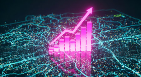 Financial statistics chart with up arrow showing success and growth over glow city map. Abstract modern business concept for economy data.の素材