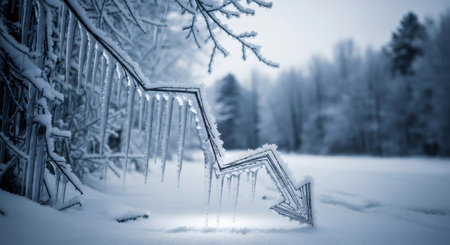 Icicle graph pointing downward on snowy branch. Business downturn chart with falling trend line. Winter digital stock market data visualization.の素材