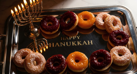 Happy Hanukkah inscription on tray with a menorah and colorful donuts. Jewish festival of lights food and tradition for holiday celebration background.の素材