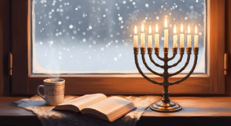 Lit menorah and open book on a windowsill with a mug of hot drink, with snow falling outside. Hanukkah winter holiday concept.の素材
