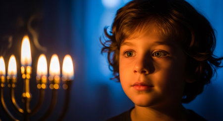 Caucasian boy looks at burning candles on a Menorah during Hanukkah. Festive Jewish holiday observation concept for greeting card and banner design.の素材