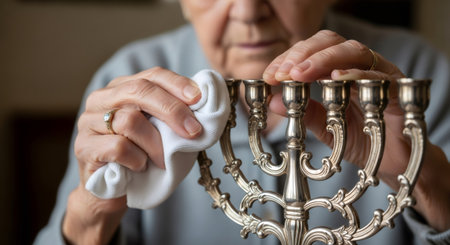 Elderly woman cleaning a menorah, preparing for Hanukkah celebration. Jewish holiday tradition, religious ritual, and family heritage concept.の素材