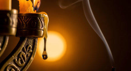 Close up of menorah candle with melting wax and smoke for Hanukkah celebration. Jewish holiday concept with copy space.の素材