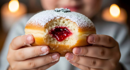 Kid hands holding jelly donut with raspberry jam filling, powdered sugar, and sprinkles, traditional Hanukkah foodの素材