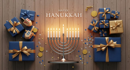 Happy Hanukkah celebration with lighted menorah, traditional dreidel, and gifts on a rustic wood background for Jewish holiday festivitiesの素材