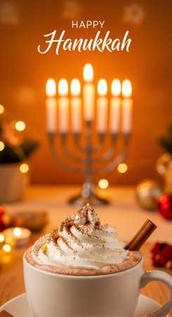Happy Hanukkah greeting card with hot chocolate and burning menorah candles. Cozy winter holiday beverage for Festive celebration.の素材