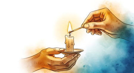 Hand lighting a candle with a match for Hanukkah celebration. Religious holiday tradition with warm light, hope, and spirituality.の素材