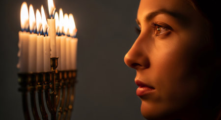 Woman looking at burning candles on Hanukkah menorah. Symbol of Hanukkah holiday celebration. Religious Jewish tradition.の素材