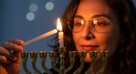 Woman lighting a Hanukkah menorah, celebrating the Festival of Lights. Jewish holiday tradition and religious observance in a close-up setting.の素材