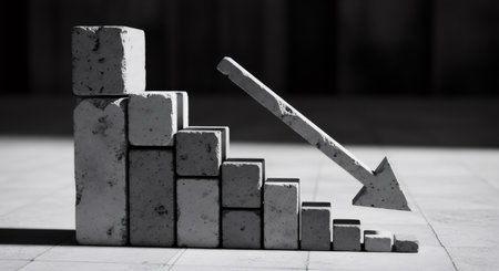 Concrete bar graph showing a decline with a downward arrow. Business loss and negative trend concept for financial downturn analysis.の素材