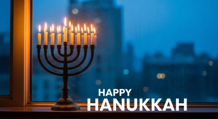 Menorah with lit candles on a window sill against a blurred city light background. Happy Hanukkah text for greeting card and celebration.の素材