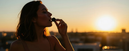 Woman enjoying dark chocolate praline on a city rooftop at sunset. Happy celebration on a summer evening terrace. Delicious dessert and beautiful sky.の素材
