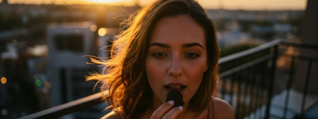 Woman enjoying dark chocolate praline on a city rooftop at sunset. Happy celebration on a summer evening terrace.の素材