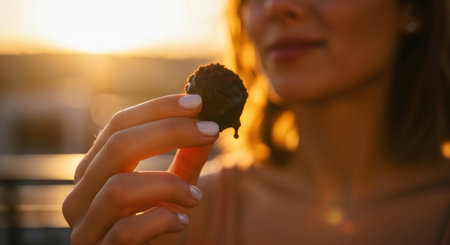 Woman hand holding delicious dark chocolate praline. Enjoying sweet dessert treat at summer sunset. Happy woman on a balcony eating candyの素材