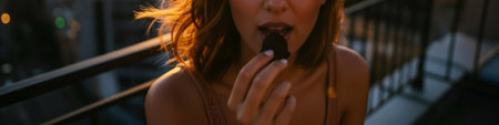 Woman enjoying dark chocolate praline on a city rooftop at sunset. Happy celebration on a summer evening terrace. Delicious dessert a sweet treat.の素材