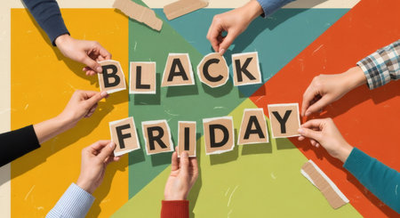 Many hands assemble cutout letters spelling Black Friday. Collage art concept for holiday shopping, discount, and sale promotion.の素材
