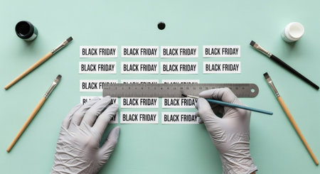 Person wearing gloves painting black Friday text. Crafting sale banners and tags. Promotion and discount concept.の素材