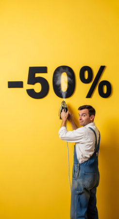 Caucasian man ironing a 50 percent sign. Black Friday sale concept with discount symbol. Shopping advertisement for promotion and marketing.の素材