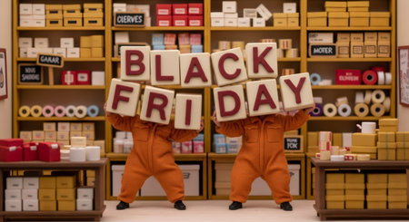 Two cartoon characters holding up black and friday letter blocks in miniature store. Holiday shopping sale and discount offer.の素材