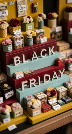 Black Friday sale display with miniature boxes symbolizing products and price tags on tiered shelves. Shopping holiday for discount.の素材