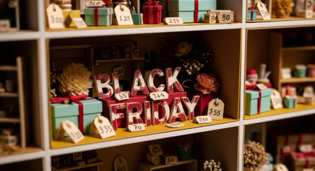 Black Friday sale display with distressed red and white lettering in a retail shelf setting surrounded by miniature gifts and price tags.の素材