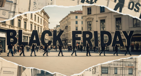 Group of people carrying large Black Friday letters through a city street for sale, discount, and seasonal shopping event promotion.の素材