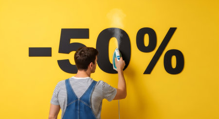 Man using an iron to steam black  minus 50 percent sign. Concept of retail sale, discount, special offer, promotion for Black Friday.の素材