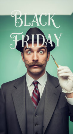 Man with a surprised expression and curly mustache dressed in a suit holding paint brush with Black Friday text. Sales and discount advertising.の素材