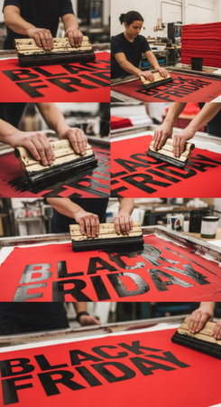 Woman screen printer hand-printing a Black Friday design on red fabric. Textile workshop creating promotional material for sale event.の素材