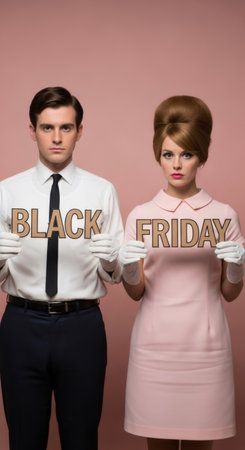 Man and woman holding Black Friday sign. Retro couple advertising sale and discount for holiday shopping. Big sales event.の素材