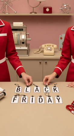 Two women hands arranging black Friday tag on table. Discount season concept. Promotion for holiday sales and marketing campaign.の素材