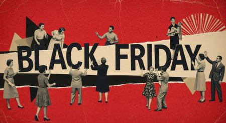 People arranging text Black Friday on torn paper collage style with red background. Shopping promotion and sale event concept for discount.の素材